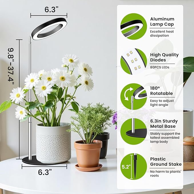 Grow Lights for Indoor Plants, 80 LEDs Full Spectrum Plant Light for Indoor Growing with 2 Mounting Options, 6/12/16H Timer, 3 Spectrum Modes, 37 in Height Adjustable Desk Grow Lamp (Black)