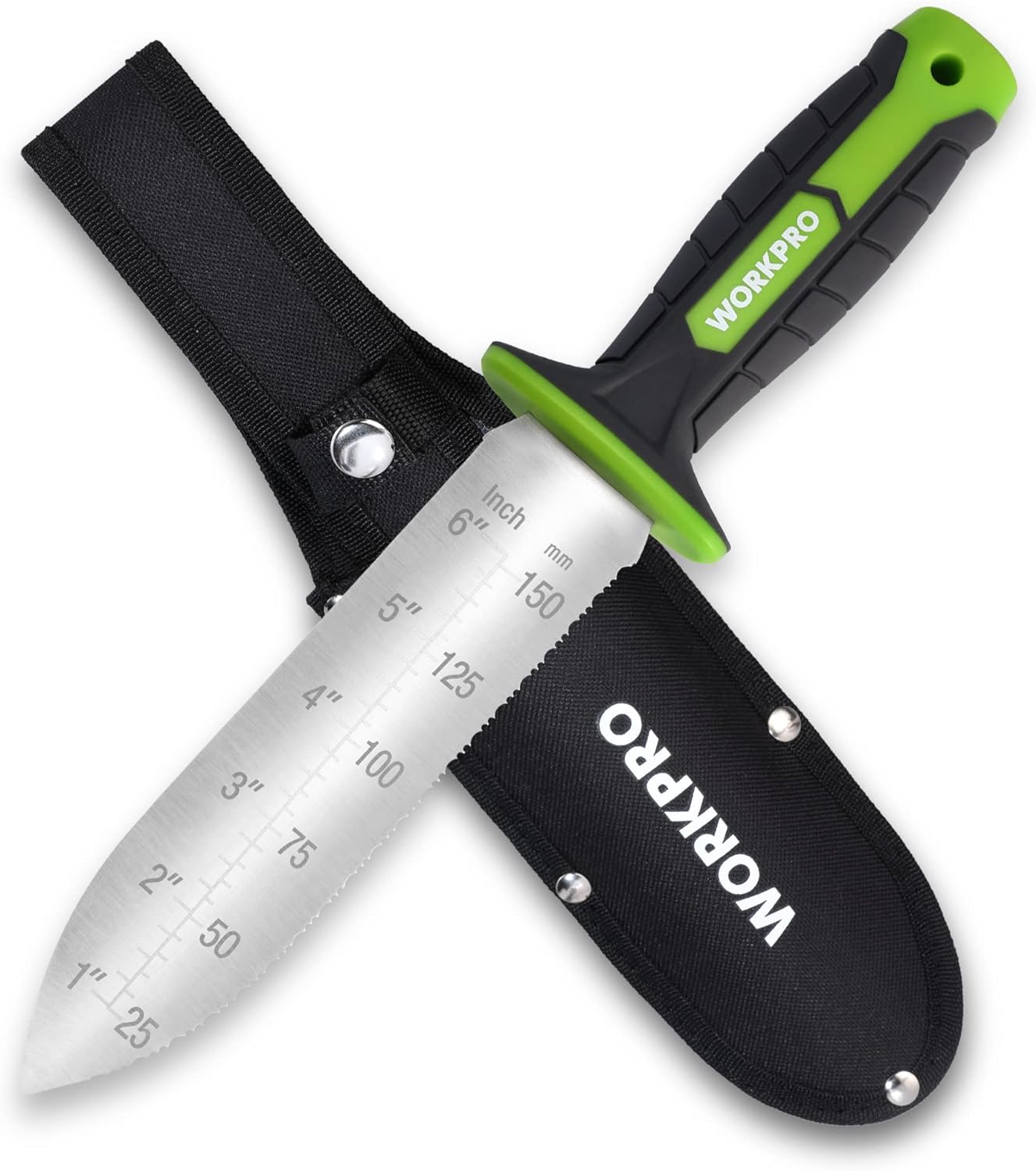 WORKPRO Hori Hori Garden Knife, 7" Stainless Steel Blade with Cutting Edge, Garden Tools with Oxford Sheath, Ergonomic TRP Handle with Hanging Hole for Weeding, Planting, Digging, Green