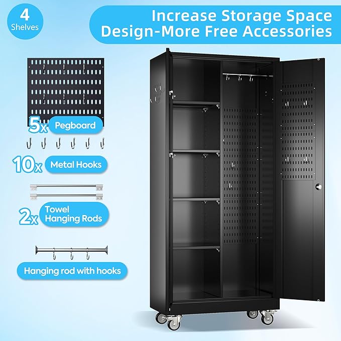 Broom Closet Storage Cabinet with Wheels and Pegboard,Garage Storage Cabinet with Lockable and Magnetic Doors,Adjustable Shelves for Garage Home Office,Required Assembly,17.7"D*33.5"W*70.87"H