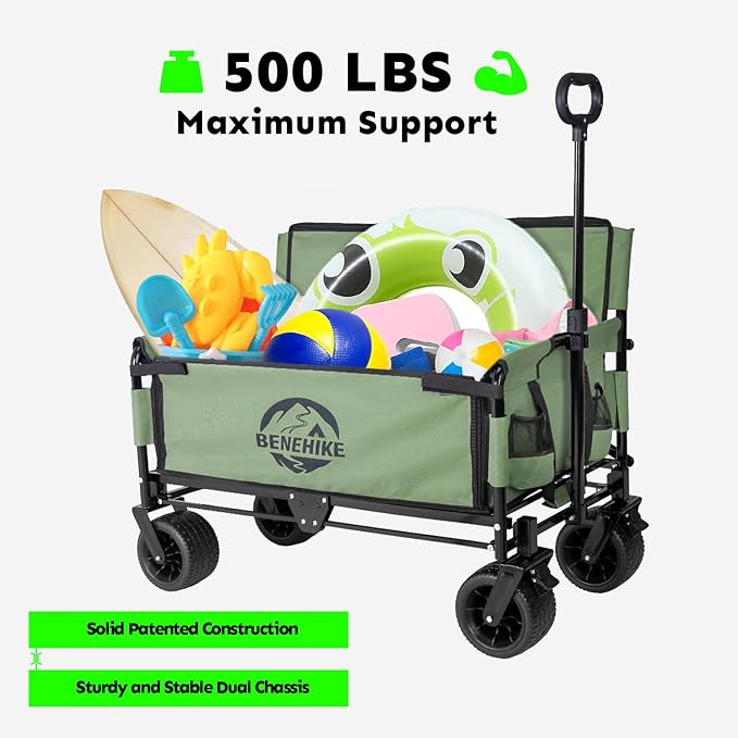 3-in-1 Large Collapsible Folding Wagon, BENEHIKE Foldable Beach Wagon with Rotated Wheels, 500lbs/225L Outdoor Utility Wagon Convert to Bench for Sand, Groceries, Camping, Sports, Shopping (Green)