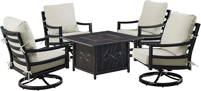 Oakland Living Black Aluminum Patio Fire Table Set with Four Club Chairs with Light Grey Cushions