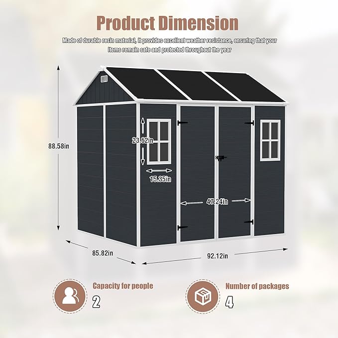 Resin Storage Shed 8x7ft, Large Tool Shed with Floor, Two-Window, Lockable Doors and Vents, 12mm Thick pp Board, Outdoor Storage Sheds for Patio, Garden, Backyard, Lawn (Dark Gray, 8 * 7ft)