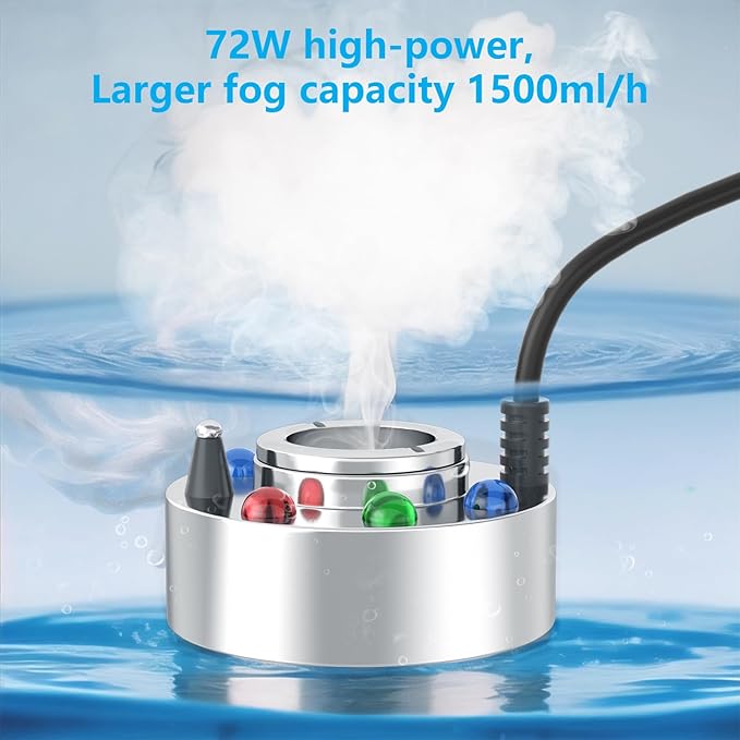 FITNATE High Power Mist Maker, 1500ML/H Large Volume Mist Fogger with 6 LED Light Fog Machine Atomizer for Halloween, Pond, Garden, Rockery,Yard