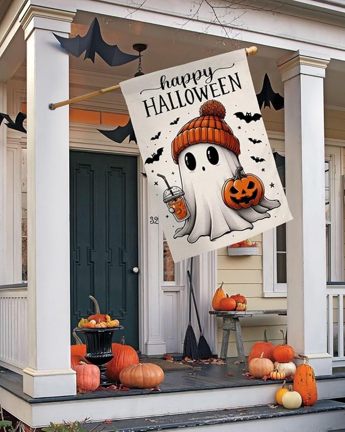 BLKWHT Halloween Ghost House Flag 28x40 Vertical Double Sided Black Bat Happy Fall Holiday Outside Decorations Burlap Yard Flag BW836-40