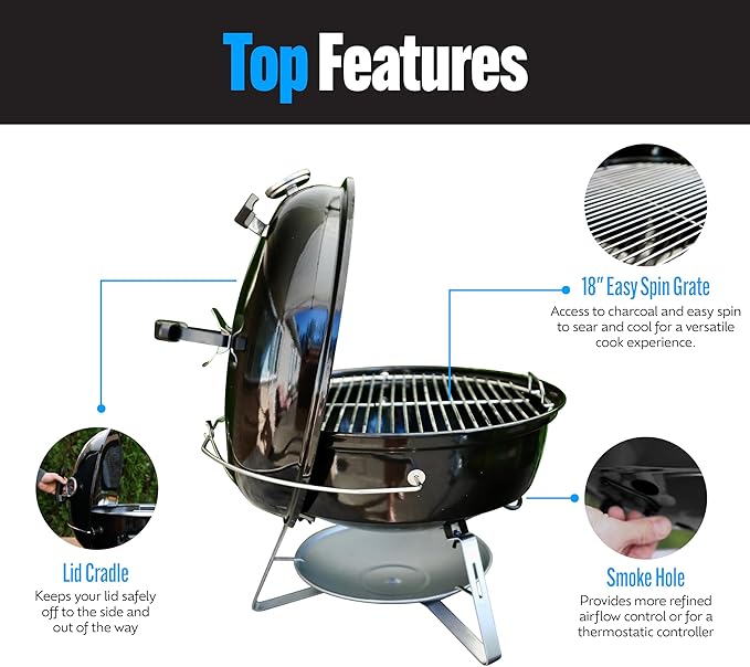 SnS Grills Slow ‘N Sear Travel Kettle, 2-Zone Cook Charcoal Basket and Easy Spin 18” Grate - Portable Charcoal Grill for BBQ Cooking - Travel Kettle 18”