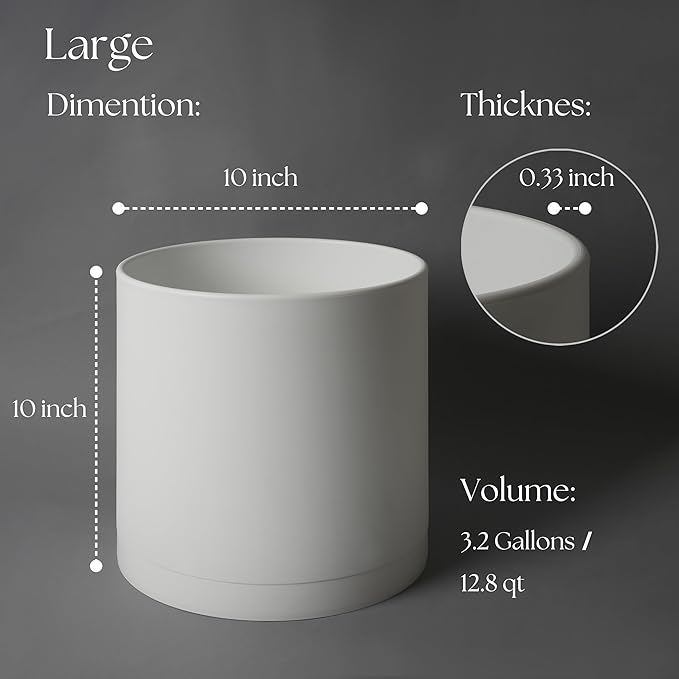 Giraffe Creation 10-Inch Round Cylinder Plant Pot, Modern Indoor/Outdoor Planter with Drainage Hole, Saucer & Water Reservoir, White