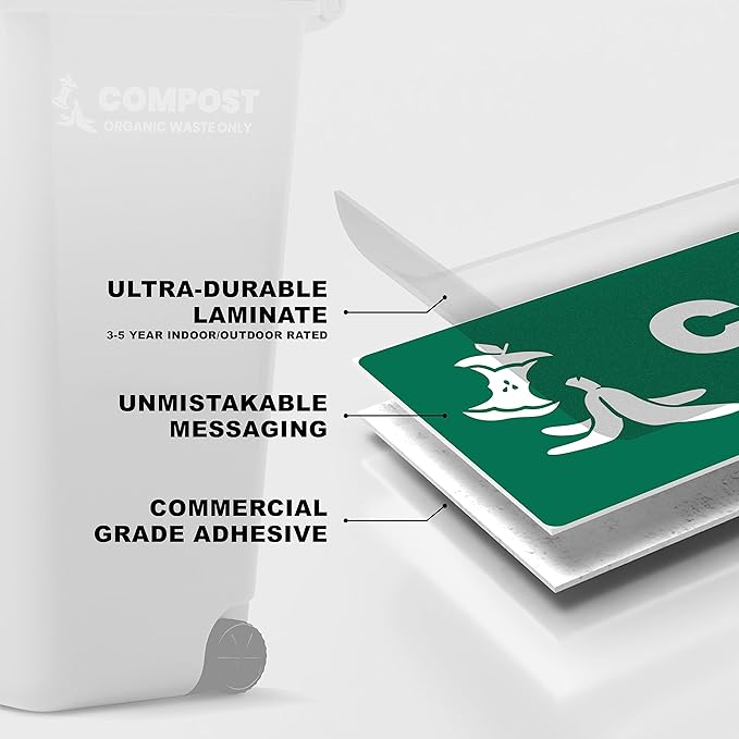 Compost Sticker - Organic Waste Only Bin Label - 3-5 Year Indoor/Outdoor Rated - Heavy Duty, Weather Proof, Ultra Durable - USA Made (6x2 inch), 4 Labels