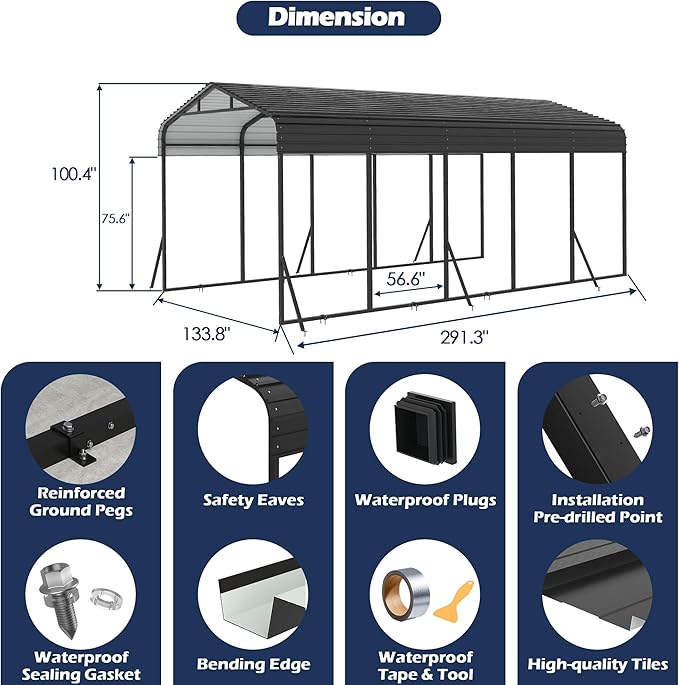 Xilingol Metal Carport, Heavy Duty Carport Canopy with Galvanized Steel Frame and Roof, Outdoor Storage Shed, Car Tent Garage Shelter for Pickup, Truck, Boat and Tractor (12x25 FT Black)