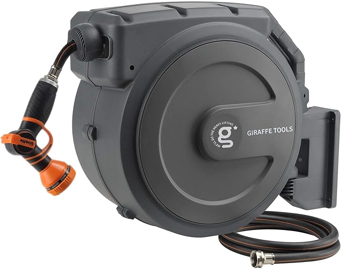 Giraffe Tools Retractable Garden Hose Reel 1/2 Inch x 130 ft, Super Heavy Duty, Any Length Lock, Slow Return System, Wall Mounted and 180 Deg Swivel Bracket