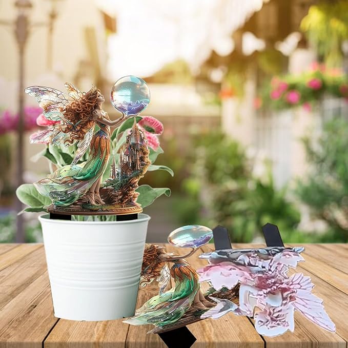 Fairy Garden Stake Decor, 2D Flat Acrylic Fairy Garden Decor Panel, Elf Yard Sign for Outdoor Indoor Yard Lawn Plants Pots, Fairy Garden Accessories (Fairy with Crystal Ball)