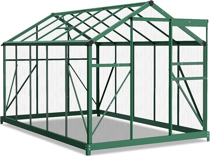 6x10 FT Greenhouse for Outdoors, Heavy Duty Polycarbonate Panels with 5 Roof Vents, Aluminum Large Walk-in Greenhouse for Outside Garden Backyard, Easy Setup, Green