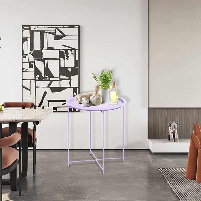 Garden 4 you End Table 2 PCS Metal Side Table Purple Round Folding Tray Cyan Sofa Small Accent Fold-able Table, Round End Table Tray, Next to Sofa Table, Snack Table for Living Room and Bed Room