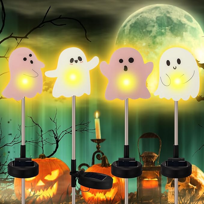 Retisee 4 Pack Halloween Ghost Solar Light with Stakes Outdoor Decorative Yard Signs with Waterproof Solar Lights Halloween Party Favors for Walkway, Pathway, Driveway, Yards, Garden, Lawn
