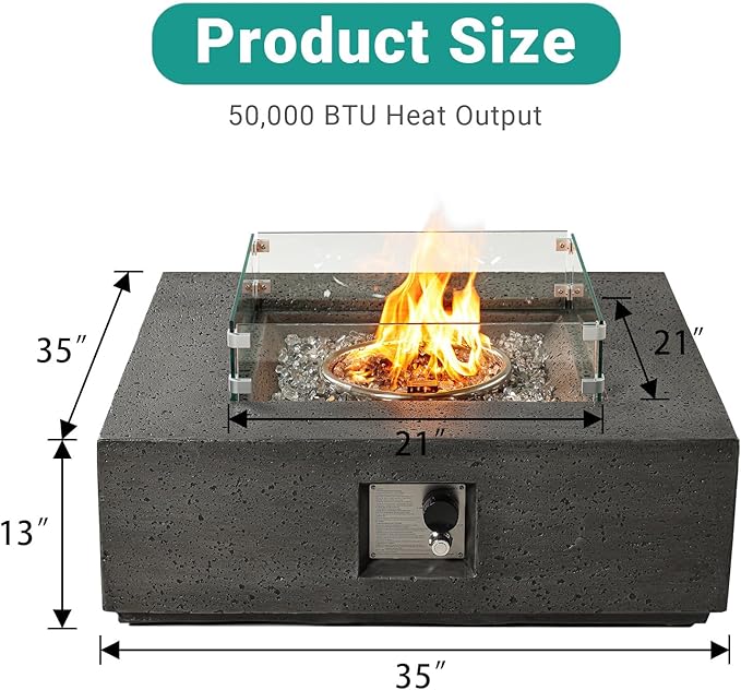 SUNBURY Outdoor Propane Burning Fire Pit, 35 inch Square Patio Fire Table 50,000 BTU Fire Pit for Outside with Waterproof Cover, Light Gray