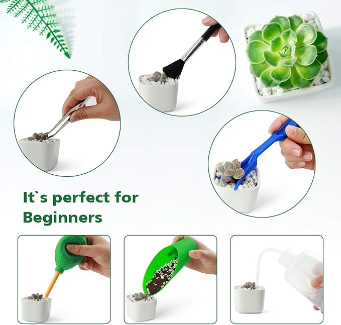 G GOOD GAIN Garden Succulent Kit with Organizer Bag, 14 Pieces Succulent Tools, Indoor Mini Hand Gardening Tools Set with Carrier for Bonsai Planter Miniature Fairy Planting Care(Green)