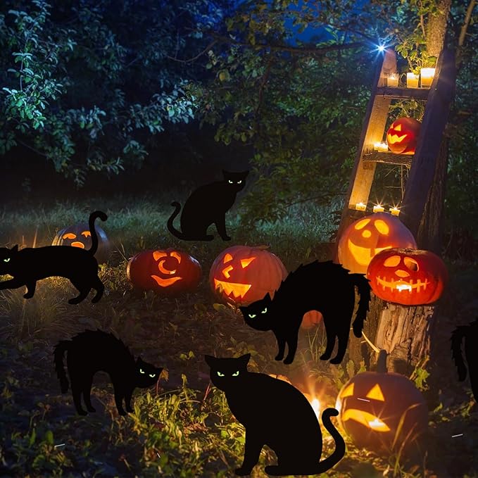 Upgraded 6 Pack Black Cat Halloween Yard Signs Outdoor with Glow in Dark Eyes，Scary Silhouette Halloween Decorations Outdoor for Pathway Graveyard Yard Garden Lawn Patio Party Supplies