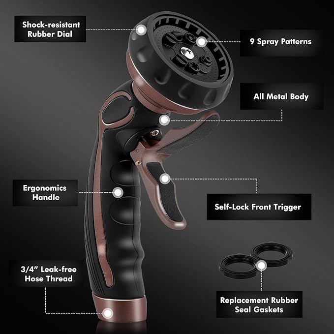 RESTMO Hose Nozzle with Easy Self-Lock Trigger, Heavy Duty Metal Water Hose Sprayer with 9 Spray Patterns and On/Off Valve, Ideal for Outdoor Lawn & Garden Watering, Car & Pet Washing, Brown