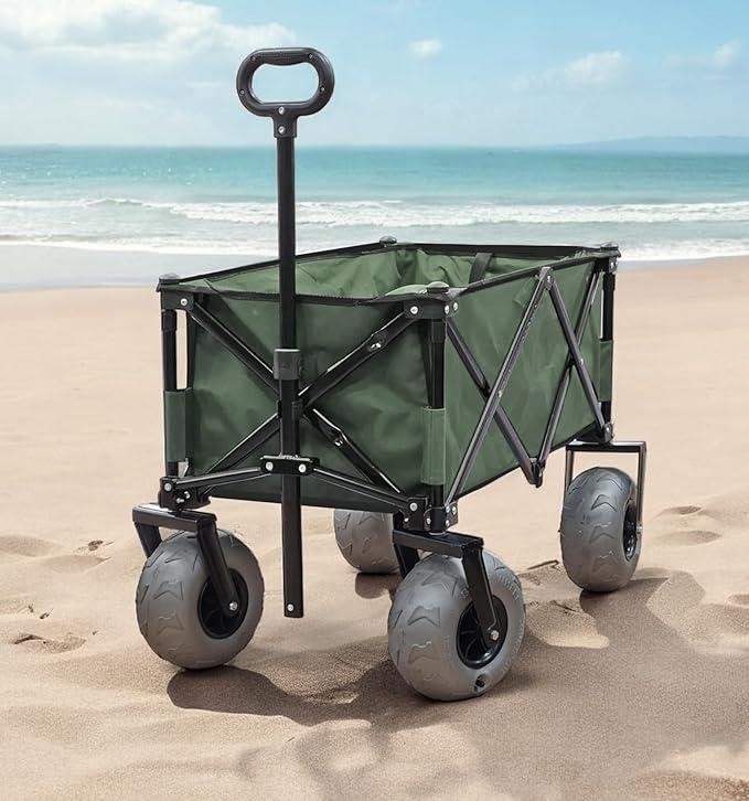 Beach Wagon with Big Wheels for Sand - All Terrain Steel Frame Utility Cart with 9" Pneumatic Tires, Collapsible Folding Design (Sand Warrior RX800 Green)