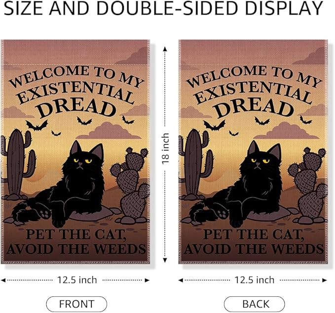 Welcome to My Existential Dread Pet The Cat Avoid The Weeds Garden Flag, Funny Bats Halloween Yard Sign for Outside, Cute Black Cat Fall Halloween Yard Decor, Housewarming Gifts for Pet Lover