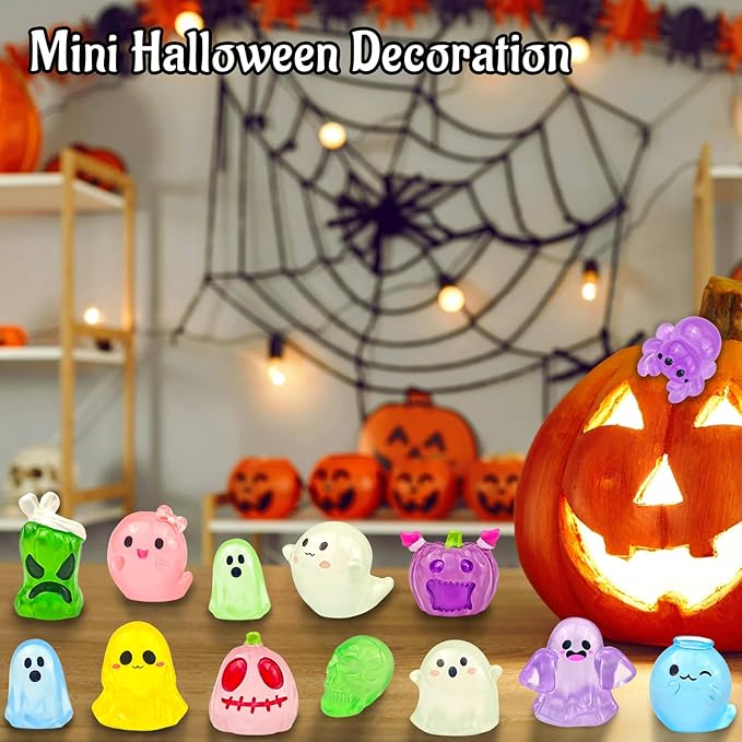 60 Pcs Halloween Luminous Mini Resin Figures Glow in The Dark Tiny Little Resin Pumpkin Ghost Spider Skull Miniature Figurines for Crafts Micro Landscape Fairy Garden Party Decor