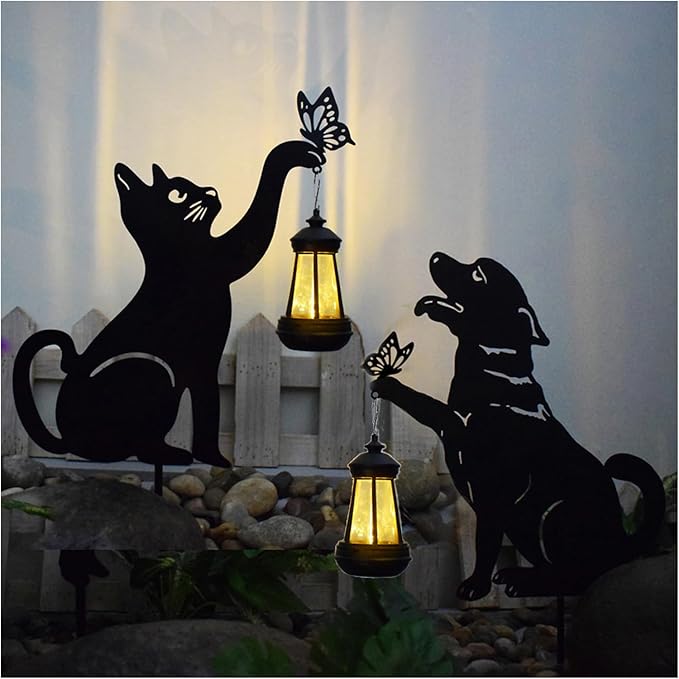 Solar-Powered Black Dog&Cat Garden Decor Stakes - Metal Silhouette Figurine for Outdoor Yard, Lawn, and Patio Decoration