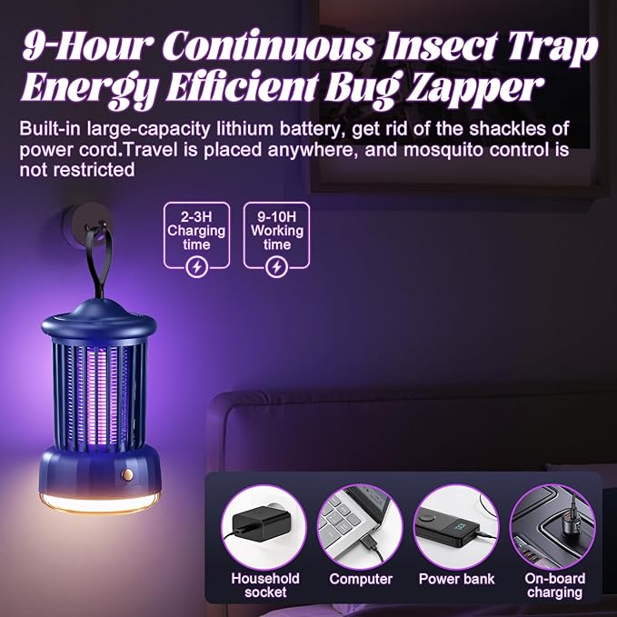 Bug Zappers, Portable USB Rechargeable with 360° Smart Zapping, Camping Lamp, Quiet Operation, Safe for Baby and Pregnant, Ideal for Garden, Home, Campsite