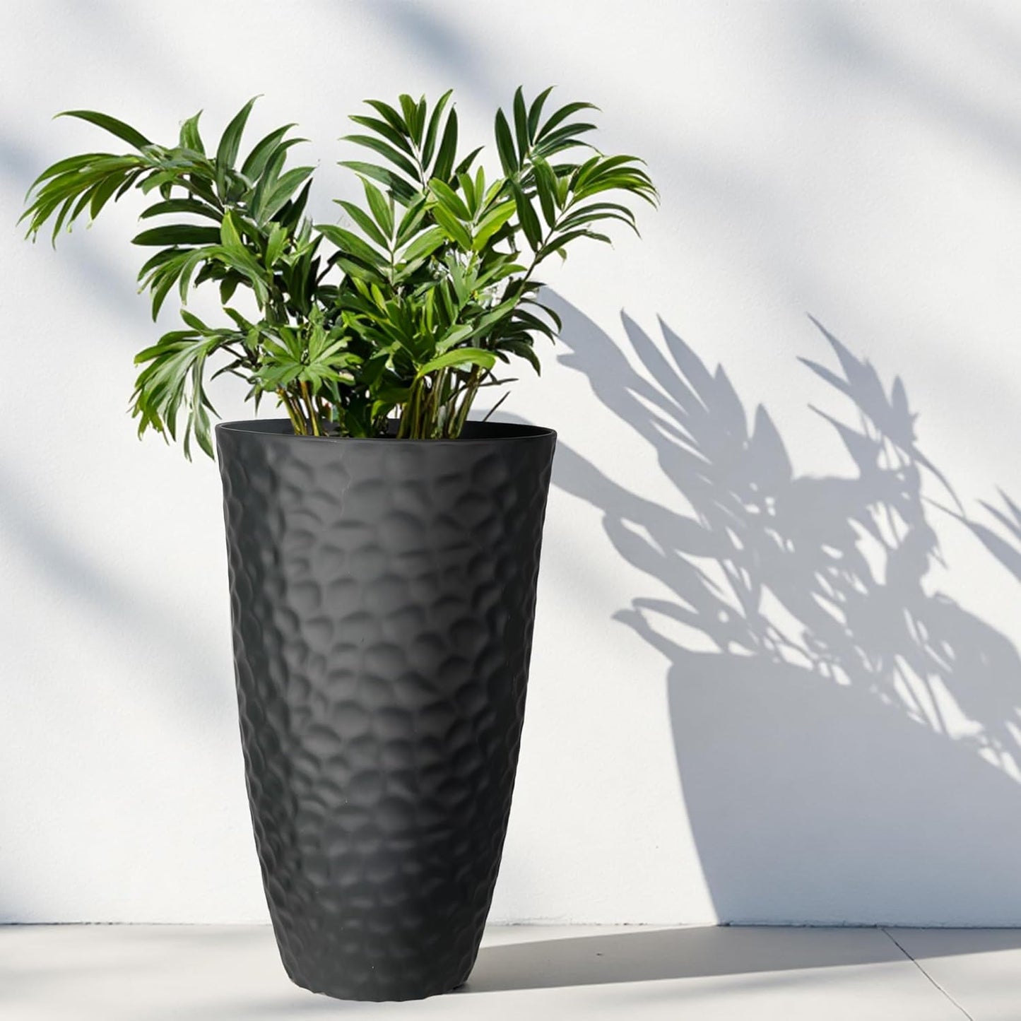 Worth Garden 24" H Tall Hammered Texture Planters Set of 2 - Matte Black Plastic Flower Pot with Drainage Holes, Modern Outdoor Indoor Lightweight Pots for Large Plants, Durable Decor Containers