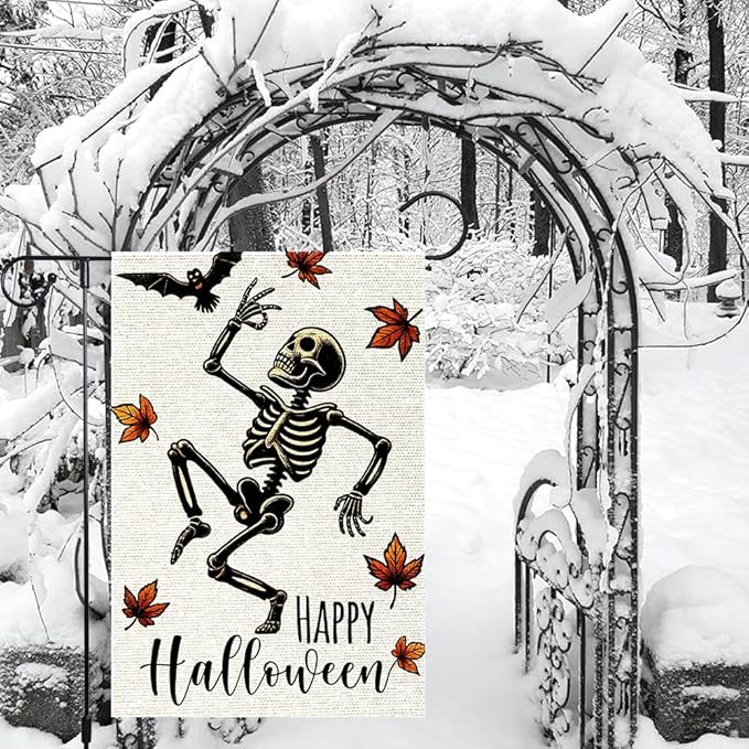 Halloween Garden Flags For Outside Decoration, Fall Garden Flag Funny Happy Skeleton Small Yard Flag For Outdoor Decor 12x18 Inch Vertical Double Sided