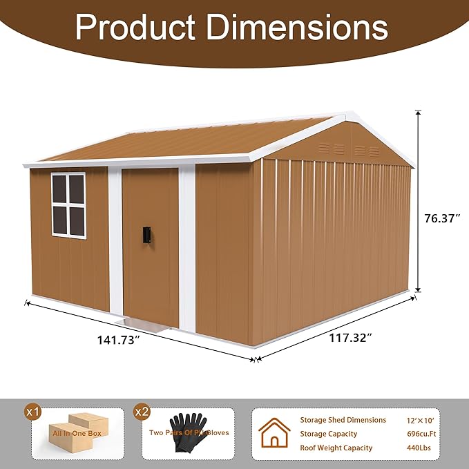 12x10 FT Outdoor Steel Storage Shed with Clear Windows, Sliding Lockable Door & Ventilation, Brown and White Weather-Resistant Metal Tool Shed for Garden, Backyard, Lawn, and Utility Storage