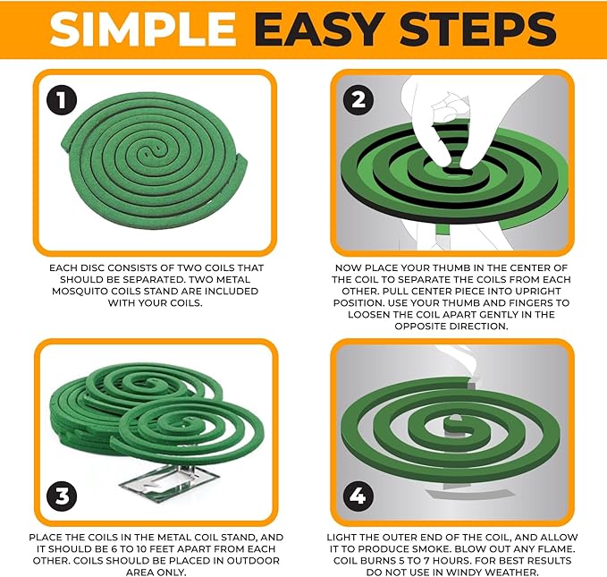 Mosquito Repellent Coils - Outdoor Use Reaches Up to 10 feet - Each Coil Burns for 5-7 Hours (Four in Each Pack Contains Total 16 coils & 8 Coil Stands)