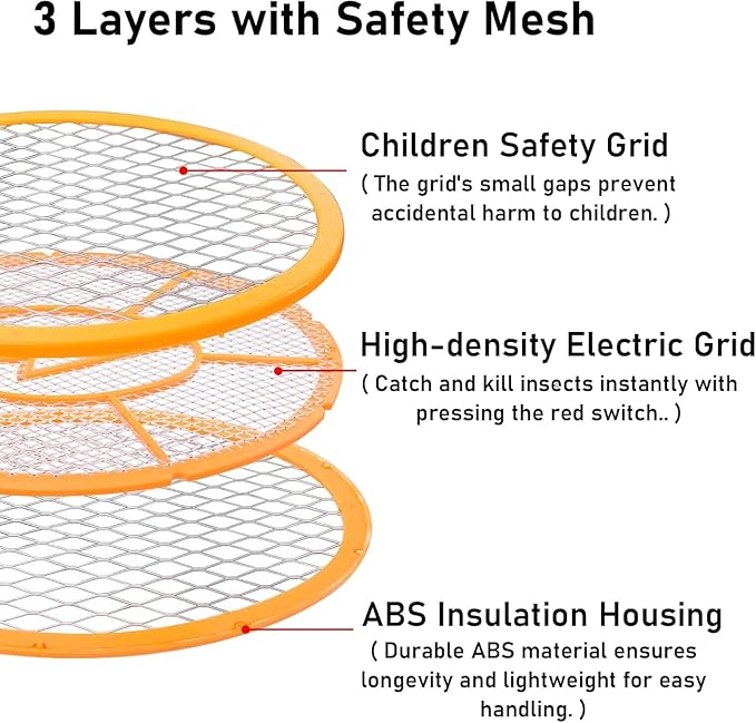 Electric Fly Swatter Handheld Bug Zapper with 2-Pack Plastic Fly Swatter- Indoor Outdoor Zapping Racket for Pest - Battery Powered Safe to Touch with 3-Layer Safety Mesh