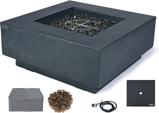 Elementi+ | Bergen Gas Fire Pit Cast Concrete 40" Square Fire Table, Outdoor Fire Pit Electronic Ignition | Canvas Cover, Fire Glass and Burner Lid Included | Dark Gray | Propane Gas