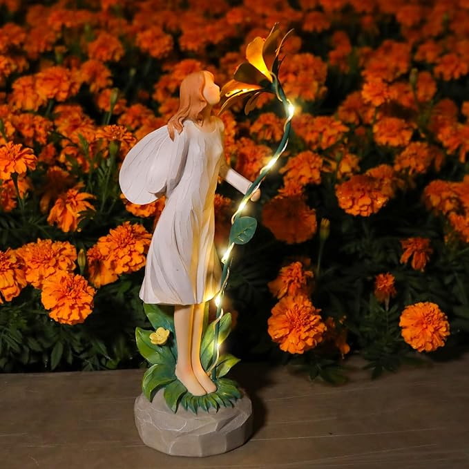 Fairy Garden Statue Outdoor Decor, Solar Powered Garden Sculptures Fairy Resin Statues Waterproof Yellow Flower Solar LED Lights Yard Art Decorations for Outside Patio Lawn Decor