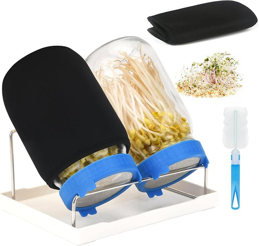 Lulonpon Sprouting Kit, 2 Sprouting Jar Kits, Wide Mouth Quart Mason Jars with Stainless Steel Screen Sprout Lids,1000ml Sprouts Growing Kit, Seed Sprouter Set for Growing Broccoli, Bean, Alfalfa