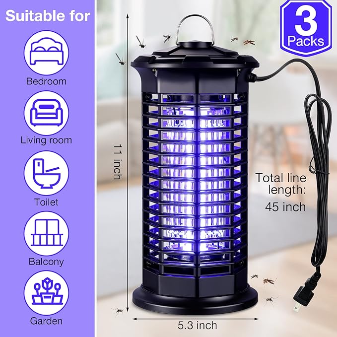 3 Pieces Bug Zapper Outdoor Indoor Electric Mosquito Zappers Fly Traps Waterproof Mosquito Killer Electronic Insect Killer Catcher with Light for Home, Garden, Backyard, Camping, Patio, Room