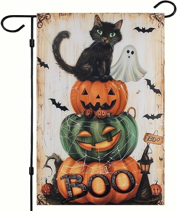 Halloween Boo Black Cat Garden Flag 12x18 Double Sided Pumpkin and Spooky Ghost Cat Welcome Garden Flag Halloween Yard House Flags Jack O'Lantern Seasonal Holiday Decorative Flag