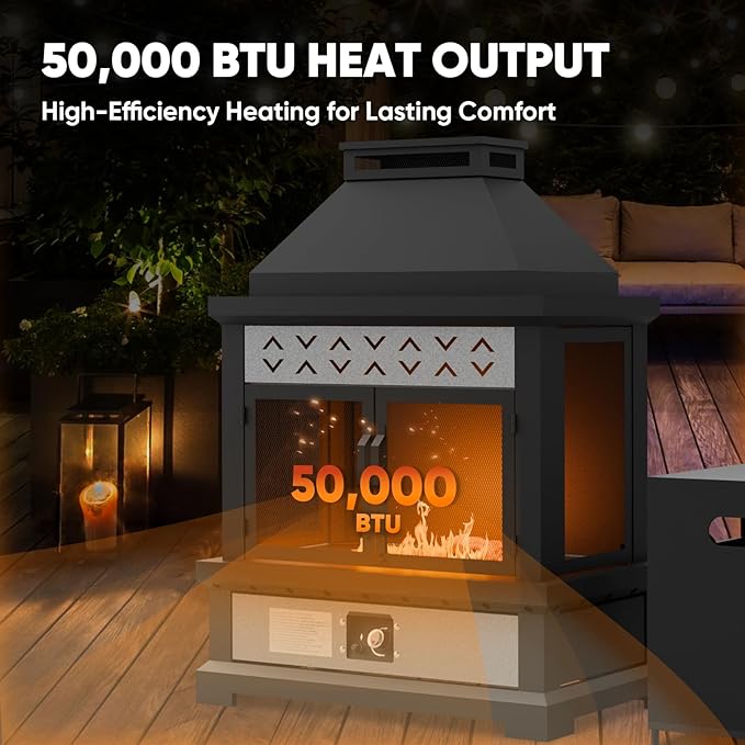 35'' Outdoor Propane Fireplace with Tank Storage & Mesh Door, CSA Certified 50,000 BTU Patio Firepit with Dust Cover for Garden, Backyard and Balcony, Black/Gray