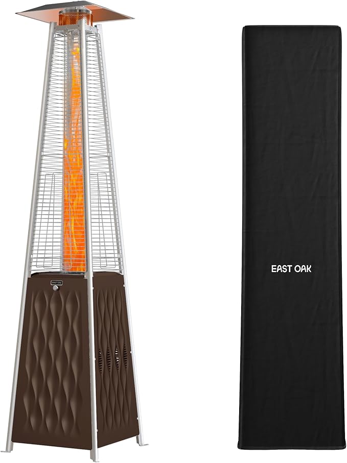 EAST OAK Pyramid Patio Heater, 48,000 BTU Outdoor Patio Heater, Quartz Glass Tube Propane Heater, Triple Protection System, Outdoor Heater with Wheels Coffee Bronze with Pyramid Patio Heater Cover