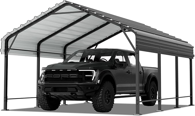 Metal Carport, Heavy Duty Metal Carport Canopy with Galvanized Steel Roof and Frame, Permanent Garage for Pickup, Bass Boat, Trucks, Car and Tractors