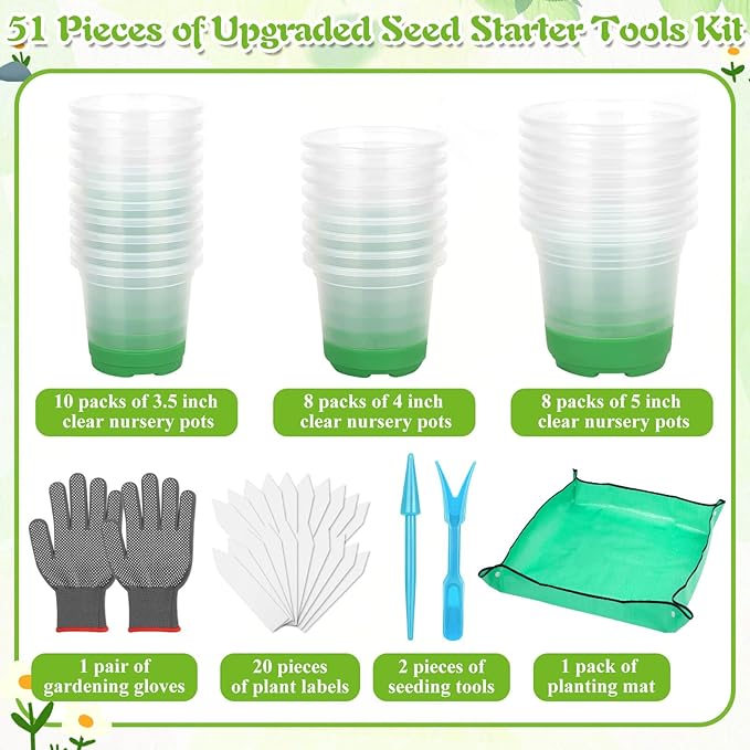 Caffox 51PCS Reusable Seed Starter Kit Includes 26 Packs 3 Sizes Clear Nursery Pots with Silicone Base, Repotting Mat, Gardening Gloves, Plant Labels and Seedling Tools for Easy Transplant