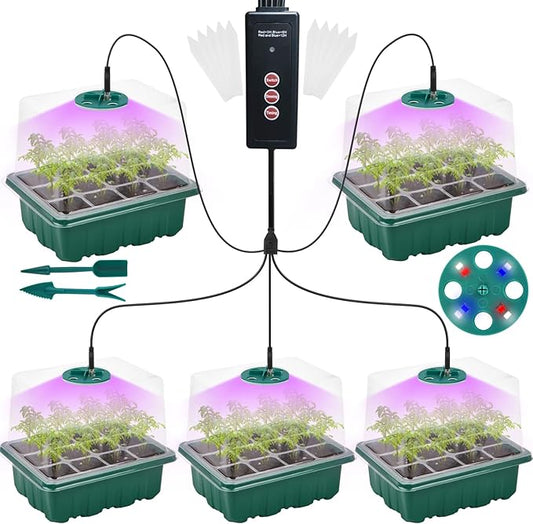 Seed Starter Tray Kit with Grow Light(2025 Upgrade 8 Full-Spectrum LED, Timer, Dimming, Higher Humidity Dome) 5 Pack Seedling Sprouting Trays Indoor Gardening Gifts Supplies Greenhouse Germination Kit