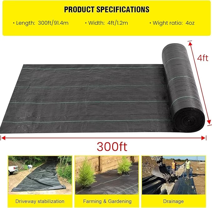 Driveway Fabric, 4x300 ft Road Fabric Commercial Barrier Fabric, Landscape Fabric Heavy Duty 4OZ French Drain Fabric for Erosion Control,Landscape Fabric,Construction Projects