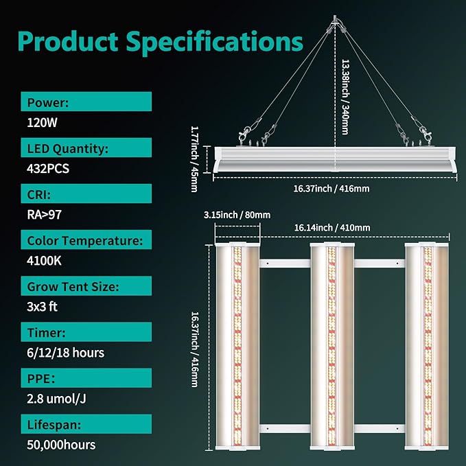 JESLED 120W Full Spectrum Plant Growing Lights with Timer, Plug in Suspended Fixture for 3x3ft Grow Tent Room, Greenhouse Cultivation, Laboratory Plant Cultivation,1.4FT
