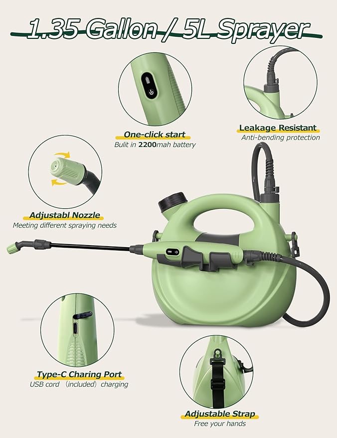 innhom Garden Sprayer Battery Powered Sprayer Electric Sprayers in Lawn and Garden with Adjustable Nozzle, 1.35 Gallon/5 L