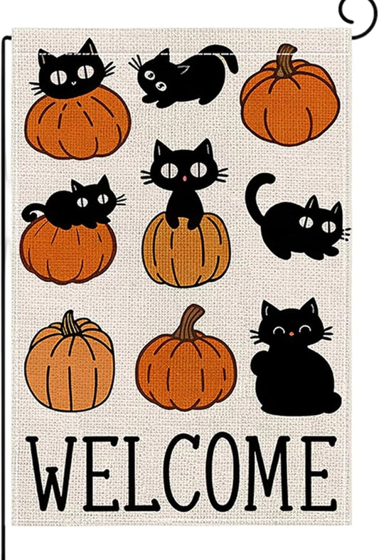 Halloween Garden Flag 12 x 18 Inch Double Sided Cute Cat Pumpkin Designs Fall Autumn Burlap Yard Flag for Outside Rustic Yard Outdoor Holiday Home Decoration