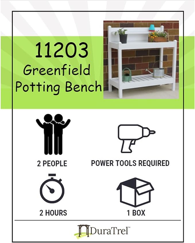 DuraTrel Greenfield PVC Vinyl Indoor Outdoor Table Potting Bench Station with Shelf for Plant Accessories & Gardening Supplies Storage, White