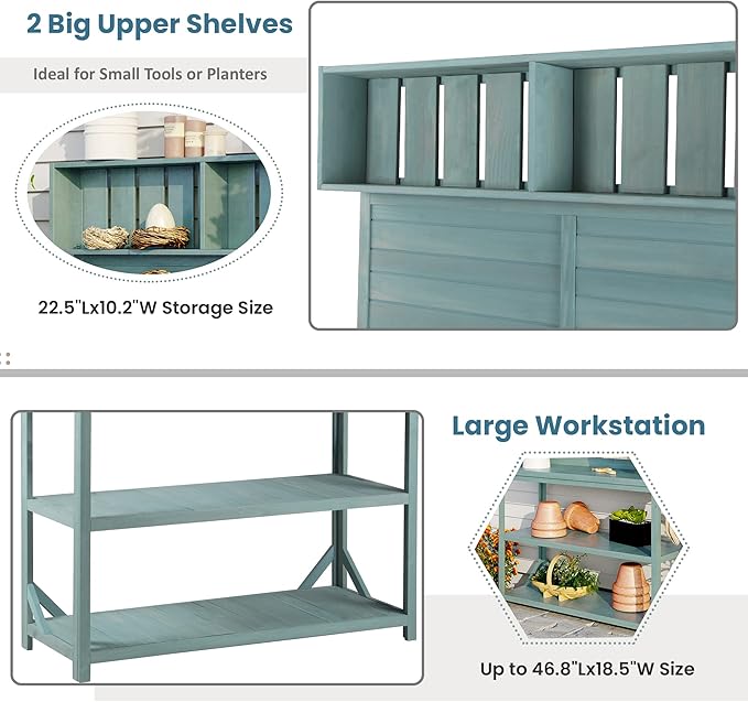 Outdoor Wooden Potting Bench Table – Farmhouse Garden Workstation with Drawers, Cabinet & Storage Shelves, Large Fir Wood Work Table for Patio, Backyard, Mudroom, Greenhouse (Green, 65'' H)