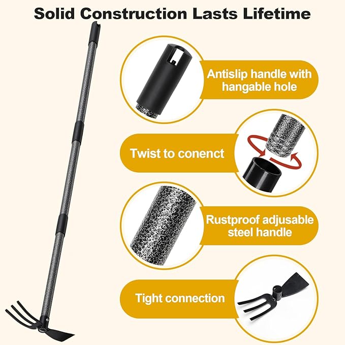 Garden Hoe, 2 in 1 Hand Hoe Garden Tools,60 Inch Long Handle,Garden Hoe and Cultivator for Weeding Cultivating Planting, Small Hand Rake Tiller for Flower Bed Gardening, Loosening Soil