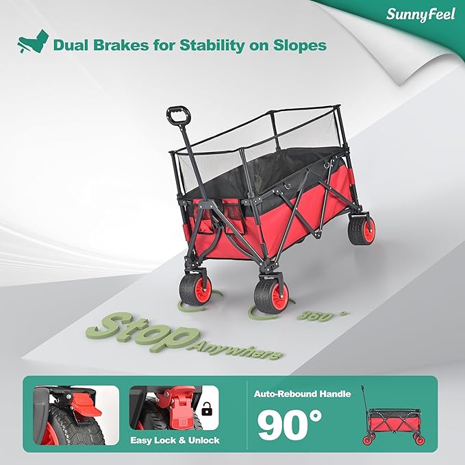 SUNNYFEEL Heavy Duty Collapsible Outdoor Utility Wagon Cart 500LB Capacity Adjustable Handlebar,Foldable Beach Wheels Stable Durable Oxford Fabric for Shopping Garden Camping (Red, Tall Version)
