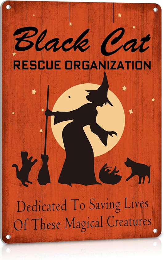Halloween Decor Black Cats Rescue Metal Sign Vintage Tin Sign Party Decoration Gothic Room Decor 8X12 Inch